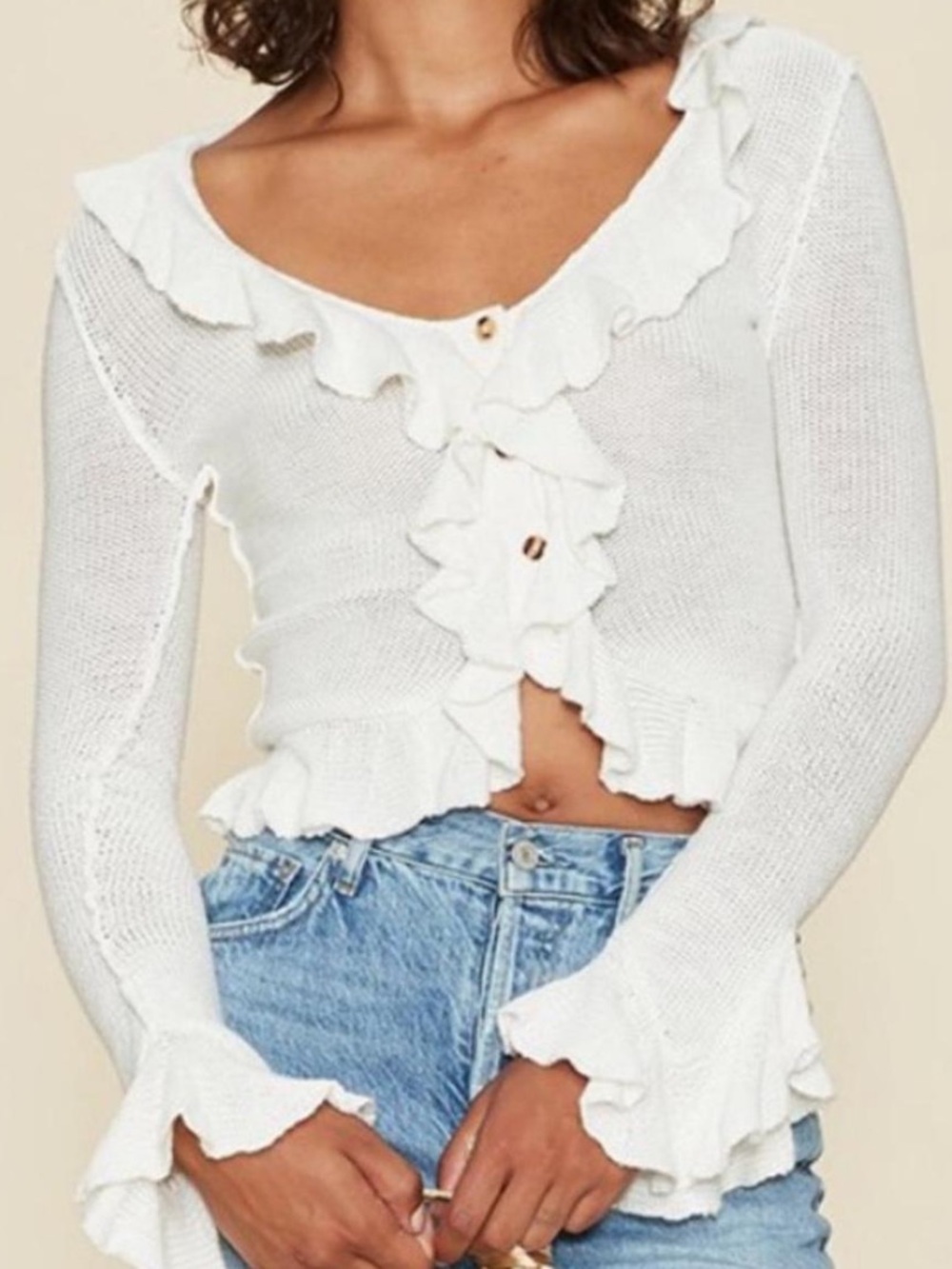 LPA White Ruffle Knit Button-Up Cardigan